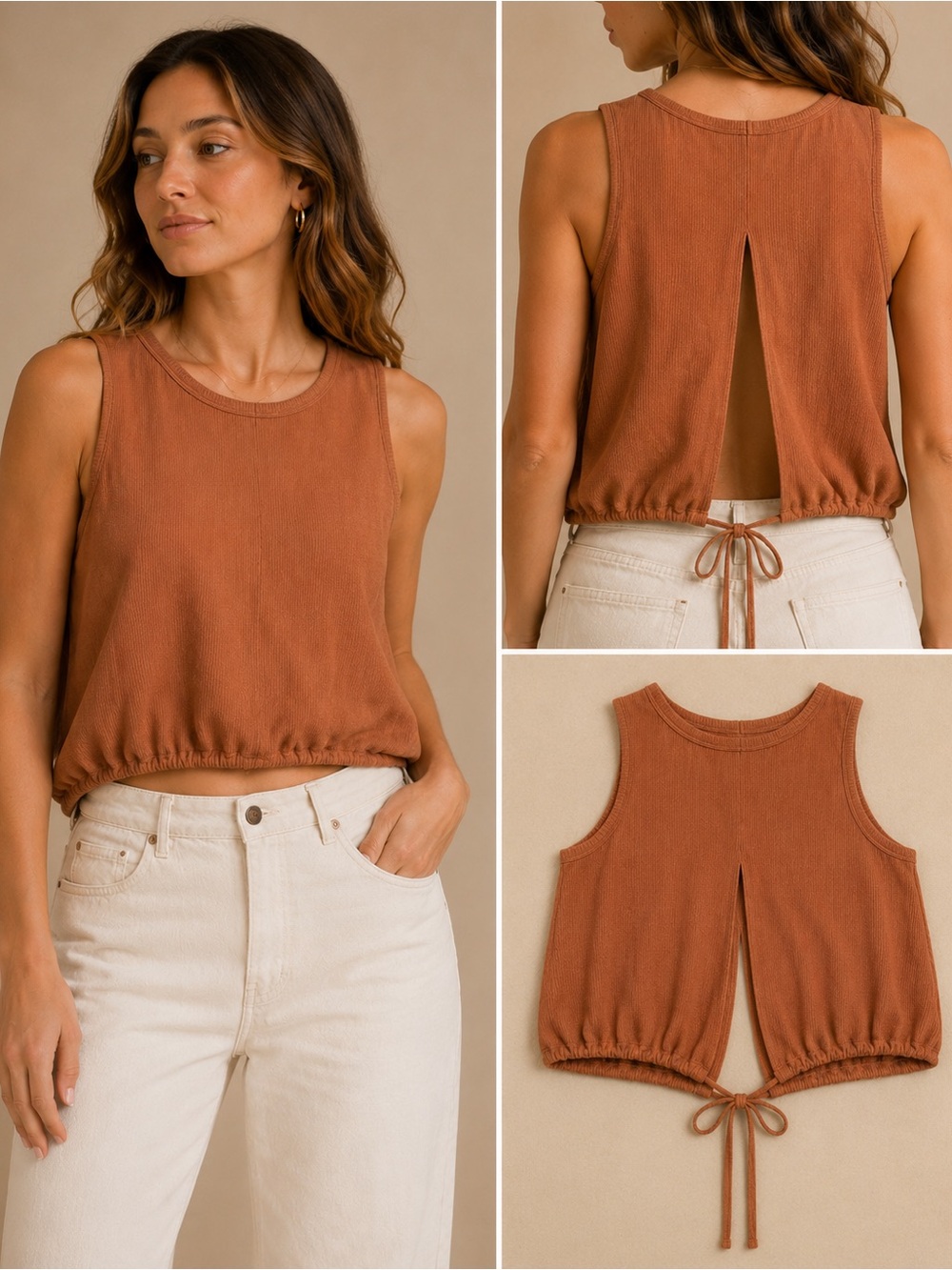Free People Cropped Ribbed Knit Cinch Waist Tank Top Tan Size Small